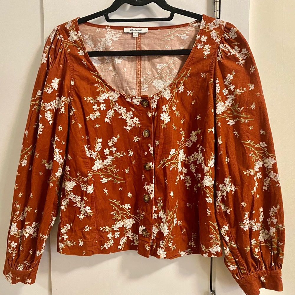Corduroy Shirred-Sleeve Button-Front Top in Farmstand Bouquet. Size: M.